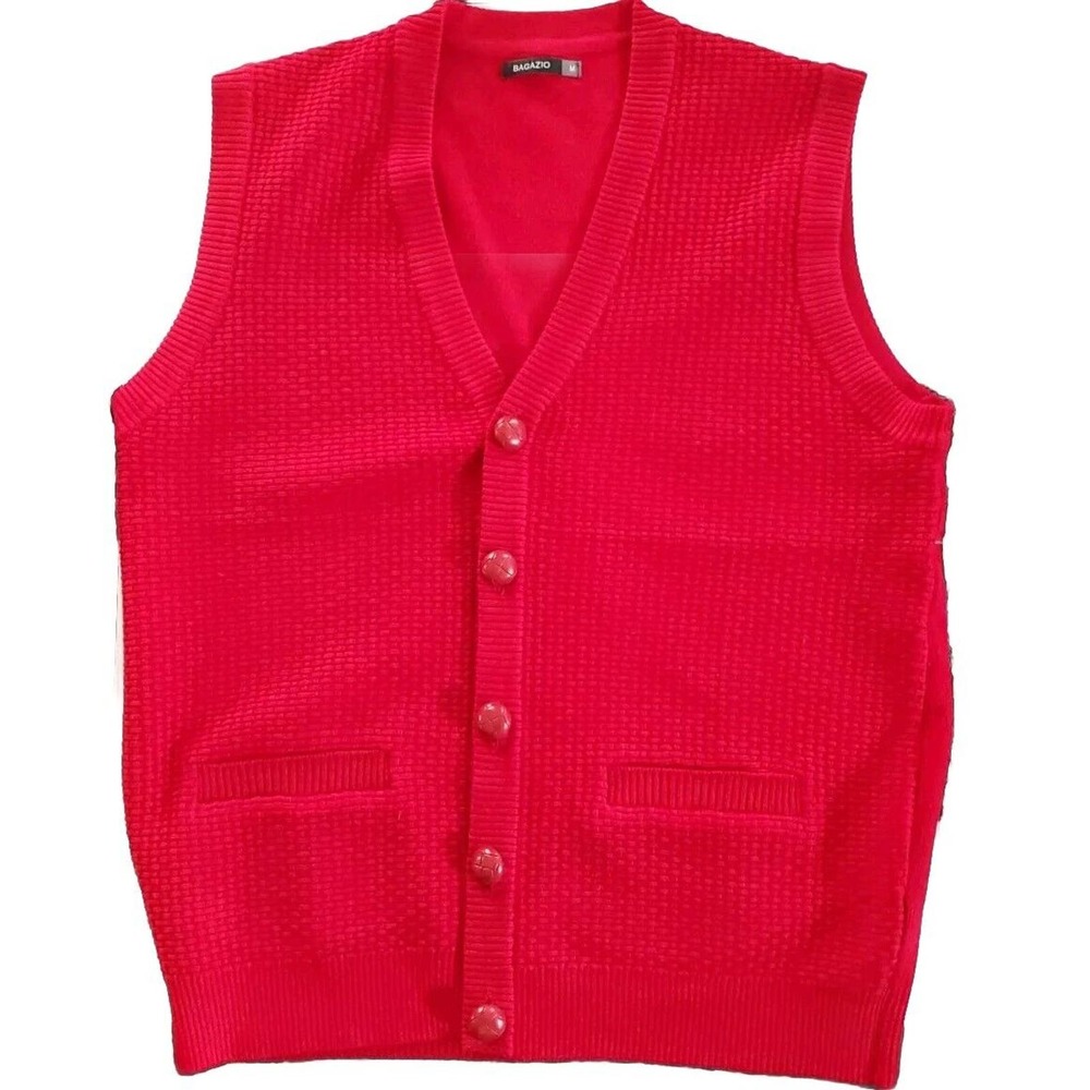 Vintage Bagazio Med V-Neck Sleeveless Button Down Grampa Core Red Vest Sweater